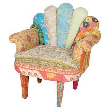 crafted from mango wood with a peacock style back and vintage kantha cloth upholstery this one of a kind arm chair brings bright b chair armchair kantha cloth