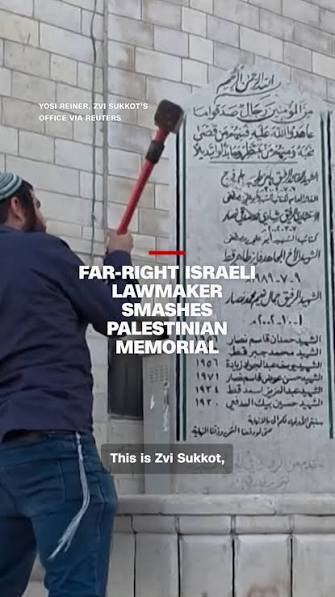 Escorted by Israeli soldiers, a far-right Israeli lawmaker smashed a memorial in a Palestinian village in the occupied West Bank. The military said Zvi Sukkot violated the approved plan for the trip, ...