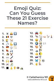 Feb 22, 2017 · how much do you know about crossfit? Emoji Quiz Can You Guess These 21 Exercise Names Calisthenics 101 Emoji Quiz Emoji Answers Quiz