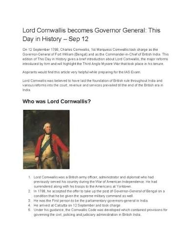 Lord Cornwallis as Governor-General: Key Reforms & IAS Prep - Studocu