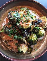 Honey Roasted Brussels Sprouts With Chestnut Skordalia Recipe Greek Recipes Greek Cooking Roasted Brussel Sprouts