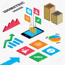 Isometric Design Graph And Pie Chart Attention And Dna Icons