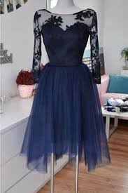 Dark Blue Tulle Black Lace Long Sleeves Round Short Dress Formal Dresses Tulle Homecoming Dress Pretty Dresses Prom Dresses Short