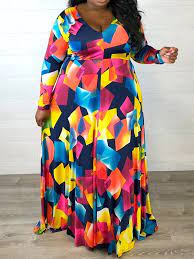 Beautifully draped plus size maxi dresses to make a statement this season! Blue Colorful Geometric Print V Neck Long Sleeve Plus Size Flowy Maxi Dress Maxi Dresses Dresses