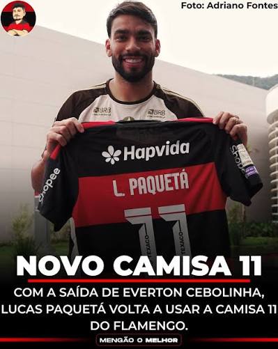 🔴⚫️ Paquet&aacute; voltar&aacute; a usar a camisa 11 do Flamengo ap&oacute;s a sa&iacute;da do Everton Cebolinha para o Santos. O jogador j&aacute; havia usado o n&uacute;mero no Rubro-Negro antes de ser vendido