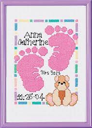 Celebrate the day and preserve the memory by cross stitching one of these baby announcement you can cross stitch these patterns on bedding, clothing or as a keepsake sampler. Baby Footprints Birth Announcement Cross Stitch Kit