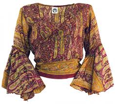 View Product Wrap Blouse With Wide Bell Sleeves Ocher With Burgundy In Oriental Print Bohemian Treasures