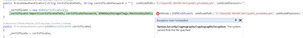 System Security Cryptography Cryptographicexception The System Cannot Find The File Specified Stack Overflow