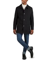 This fully lined coat is finished with a flattering spread collar and stylish trimming. Cole Haan Men S Classic Fit Car Coat With Faux Leather Trim Reviews Coats Jackets Men Macy S