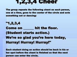 1 2 3 4 Cheer The Group Repeats The Following Chant As Each Person One At A T Morning Meeting Greetings Morning Meeting Kindergarten Classroom Morning Routine