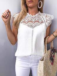 Find great deals on ebay for chemisier blanc. Chemisier En Mousseline Avec Dentelle Sans Manches Mode Femme Blouse Blanc Chemisiers Hauts