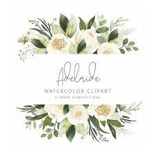 Adelaide Watercolor Clipart With White Roses And Eucalyptus Etsy Watercolor Clipart Watercolor Flowers Flower Frame