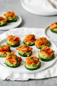 Layer thinly sliced shallots or red onion and any other sliced vegetable you are using. Smoked Salmon Avocado And Cucumber Bites Downshiftology
