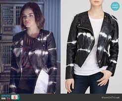 Aria S Tie Dye Leather Jacket And Audio Hall Shredded Tee On Pretty Little Liars Pretty Little Liars Fashion Pretty Little Liars Outfits Pretty Outfits
