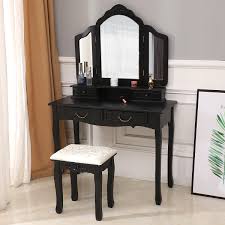 American furniture warehouse (afw) has been bringing you the best prices and widest selection of furniture and home decor since 1975! Zimtown Tri Folding Mirror Wood Vanity Set Bedroom Vanities Makeup Table Dresser 4 Drawers With Stool Walmart Com Walmart Com