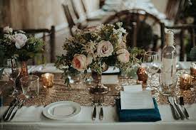 Nothing like your ordinary wedding topiary. Elegant And Romantic Floral And Shiny Sequin Table Setting Wedding Decor By Jess Craven