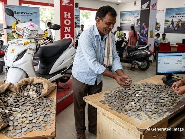 Telangana man buys scooty by paying 12,300 coins of Rs 10 which he saved over three years, staff spends 2 hours counting them - The Economic Times
