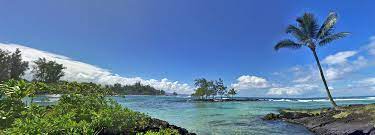 This park has a small angled parking lot along the road and a restroom area before taking the path that leads past some gardens with mature trees and stone steps cut into the lava rock. Carlsmith Beach Park Big Island Guide