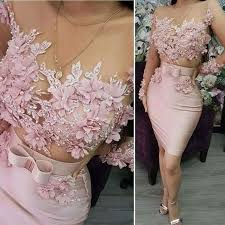 Short Pink Evening Dresses Long Sleeve 3d Flowers Lace Applique Mermaid Cheap Evening Gown Cocktail Dress Vestido De Curto In 2020 Pink Evening Dress Evening Dresses Short Evening Gowns Elegant