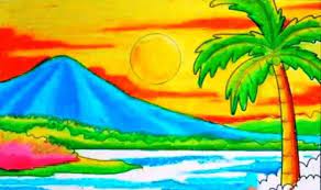 Ada gunungnya, ada danaunya, dengan sedikit pemandangan pepohonan. Gambar Pedesaan Kartun