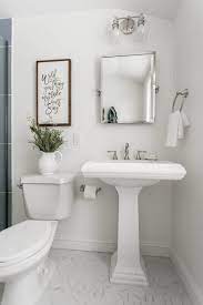 All White Walls Blue Shower Tile White Bathroom Pedestal Sink Jkath Design Build Reinvent Live Pedestal Sink Bathroom Half Bathroom Decor Pedestal Sink