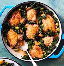 Crispy Chicken Thighs With Kale Apricots And Olives Recipe Crispy Chicken Thighs Recipes Olive Recipes