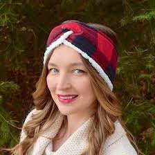 Red Buffalo Plaid Fleece Sherpa Lined Turban Headband Ear Warmer