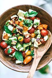 Grilled Halloumi And Burst Tomato Salad With Pesto Recipe Vegetarian Recipes Healthy Healthy Recipes Vegetarian Recipes