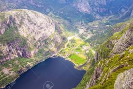 Kombibåten til lysefjorden er ms lysefjord, som har begrenset kapasitet for kjøretøy. Aerial View Of Lysefjord And Lysebotn From The Mountain Kjerag In Forsand Municipality In Rogaland County Norway Stock Photo Picture And Royalty Free Image Image 123661761