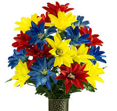 Whether you choose to send a bright arrangement of yellow sunflowers, vibrant roses, and colorful lilies, or a flower arrangement with delicate pastels, smiles are sure to follow! Pin By Lilyana Olvera On Summer Medium Size Artificial Cemetery Flowers Blue Flower Arrangements Yellow Flower Arrangements Blue Yellow Weddings