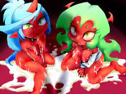 2demons 2girls blue hair blush cum cum on body cum on breasts  cute fang eyelashes green skin horn kneesocks daemon looking up nabe  (ingenmame) panty & stocking with garterbelt