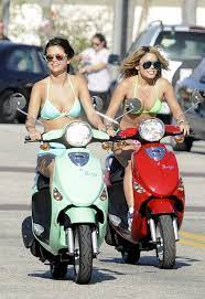 Selena Gomez And Vanessa Hudgens Ride Scooters On The Set Of Spring Breakers In St Petersburg Fla On March 13 Scooter Girl Vespa Girl Motorbike Girl
