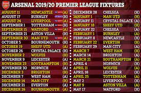 21, 2020 aston villa v brighton burnley v crystal palace fulham v everton leeds united v arsenal liverpool v leicester city manchester united v west bromwich albion newcastle united v chelsea sheffield united v west ham united tottenham hotspur v manchester. Premier League 2019 20 Fixtures Chelsea Arsenal Man Utd Plus Other 17 Teams Schedules