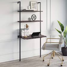 Shelf to office desk amazing home office ideas. Amazon Com Nathan James Theo 2 Shelf Industrial Wall Mount Ladder Table Small Computer Or Writing Desk Nutmeg Matte Black Furniture Decor