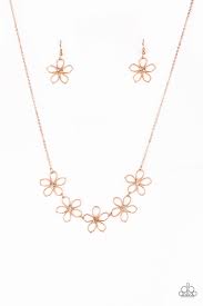 Dotted With Radiant Rhinestone Centers Airy Shiny Copper Flowers Link Below The Collar For A Seasonal In 2020 Flower Necklace Gold Necklace Earring Set Short Necklace