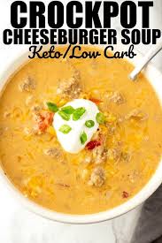 Top with shredded cheese and bacon pieces. Low Carb Crockpot Cheeseburger Soup Midgetmomma