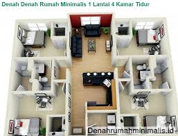 Denah Rumah Sederhana 1 Lantai 4 Kamar Tidur 4 Bedroom House Plans Apartment Floor Plans 3d House Plans