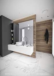 The rough brick wall and unfinished wood table of this space contrast with the smooth, geometrical look of the washbasin and mirror. Modern Bathroom Ideas On A Budget Bathroom Renovation Designs Modern Bathroom Design Bathroom Interior Design