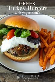 Greek Turkey Burgers With Yogurt Sauce The Hungry Bluebird Recipe In 2020 Greek Turkey Burgers Turkey Burgers Greek Turkey