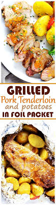 My mom's been making pork tenderloin this way for years, and people always ask for her recipe after tasting their first bite! Grilled Peach Glazed Pork Tenderloin Foil Packet With Potatoes Glazed With Peach Preserves And Fla Foil Packet Meals Healthy Grilling Recipes Grilled Peaches