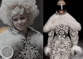 Catching Fire Effie S Black And White Print Dress With Fur Shop Your Tv Effie Trinket Costume Effie Trinket Hunger Games Costume