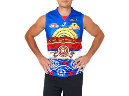 Graham denholm, afl photos the aflw's historic indigenous round has been locked in for round five, 2021 and all 14 clubs have unveiled their guernsey designs and have told the unique stories behind them. Men S Western Bulldogs Indigenous Replica Guernsey Electric Blue Mens Afl Clothing Asics