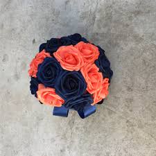 Wedding bouquets with navy blue, red and yellow colors. Navy Blue And Coral Flower Bouquet Wedding Flowers For Bridal Vanrina
