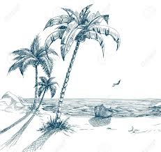 9722031 Summer Beach With Palm Trees Seagulls And Boat On Shore Hand Drawn Vector Stock Vector Jpg 1300 123 Landscape Drawings Beach Drawing Landscape Sketch