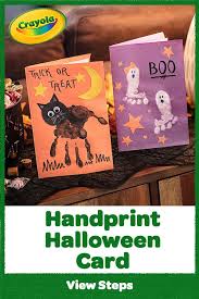 More funny, interesting and cheaper is to make cards for the party at home. Handprint Halloween Card Halloween Cards Toddler Art Projects Halloween Crafts For Kids