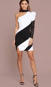 Black And White Long One Sleeve Mini Dress