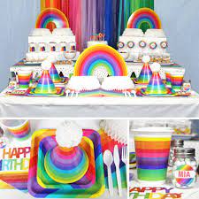 Colorful birthday party decorations, rainbow party decorations supplies with happy birthday banner, colorful pennant banner, paper fan party decorations set, rainbow circle paper garland, honeycomb balls and colorful foil fringe curtain for kids women men. Rainbow Birthday Party Ideas Rainbow Party Ideas At Birthday In A Box