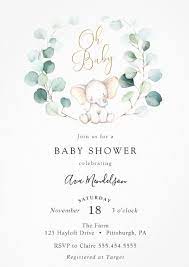 Elephant And Eucalyptus Leaves Baby Shower Invitations Gende In 2021 Gender Neutral Baby Shower Invitations Animal Baby Shower Invitations Baby Shower Themes Neutral