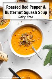 Roasted Red Pepper And Butternut Squash Soup Dairy Free Recipe Butternut Squash Soup Butternut Squash Recipes Soup Stuffed Peppers