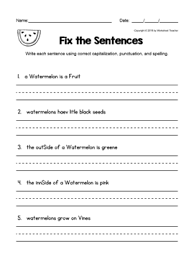 Fix The Sentences Watermelon Worksheets From Worksheet Teacher Writing Skils Sentences English Teaching Materials